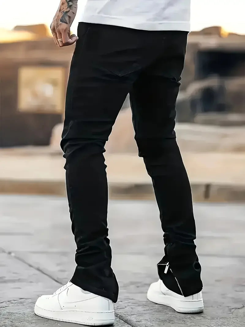 Men's Slim Fit Black Jeans Street Style Cotton Blend Mid-Stretch Ripped Detail All-Season Wear