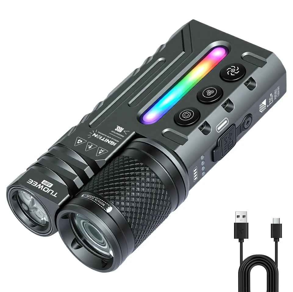 IPX4 Waterproof 3000LM Zoomable Tactical Flashlight, USB-C Rechargeable Dual Light Flashlight with RGB Light, Multi Modes EDC Torch for Outdoor Camping Emergency Gift Pack Version