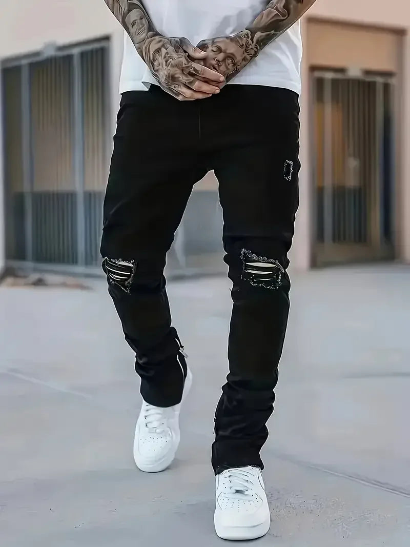 Men's Slim Fit Black Jeans Street Style Cotton Blend Mid-Stretch Ripped Detail All-Season Wear