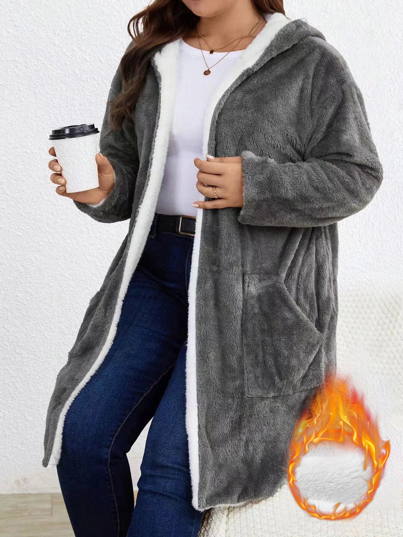 Women Fuzzy Fleece Lined Hooded Long Open Cardigan Warm Sherpa Trim Mid Length Coat With Side Pockets Loose Winter Outerwear