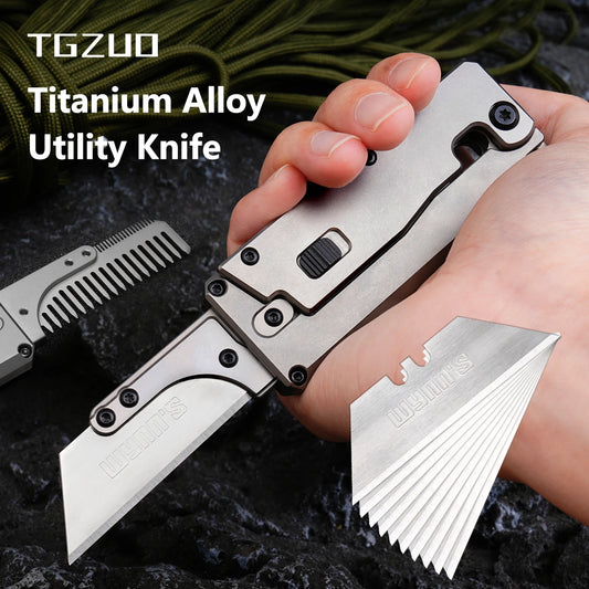 Dual Purpose Titanium Utility Knife, With Clip/10pcs SK5 Steel Blade and Comb, Outdoor Camping/Household EDC Tool Knife Best