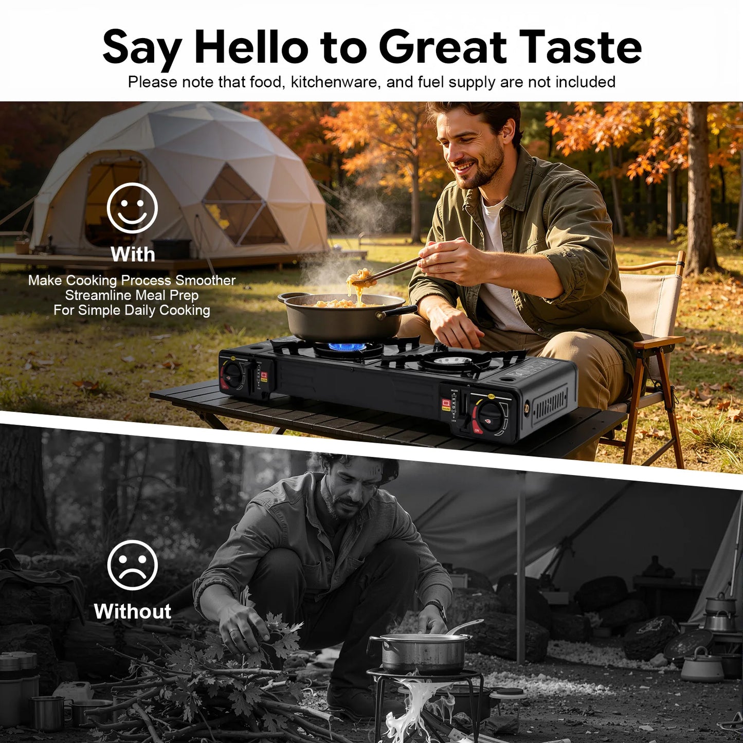 Portable 2-Burner Camping Stove – 2500W Each – Piezoelectric Ignition – Gas Canister + External Source – Carrying Case – for Outdoor Bbq Picnic Rv – Black