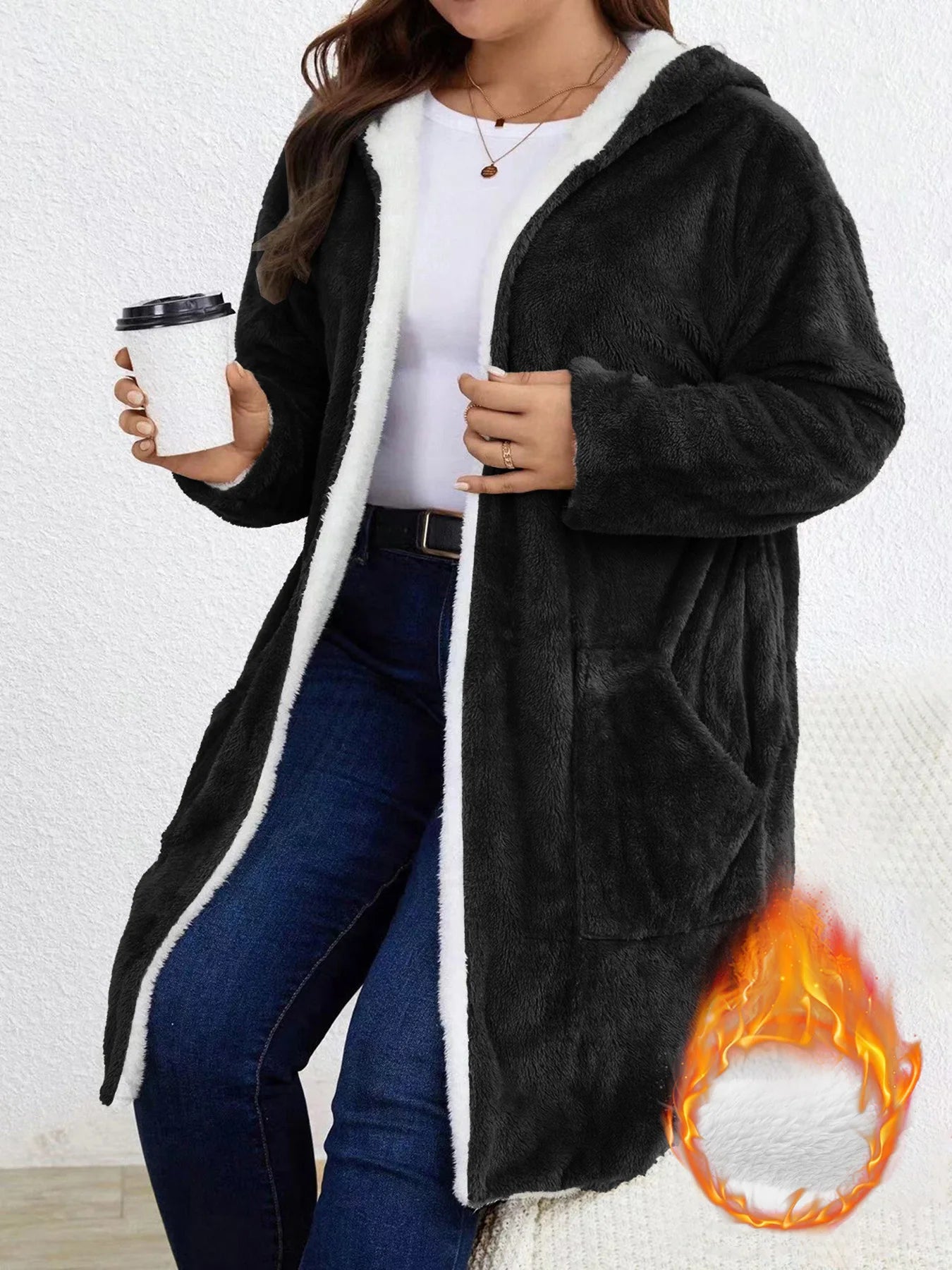 Women Fuzzy Fleece Lined Hooded Long Open Cardigan Warm Sherpa Trim Mid Length Coat With Side Pockets Loose Winter Outerwear
