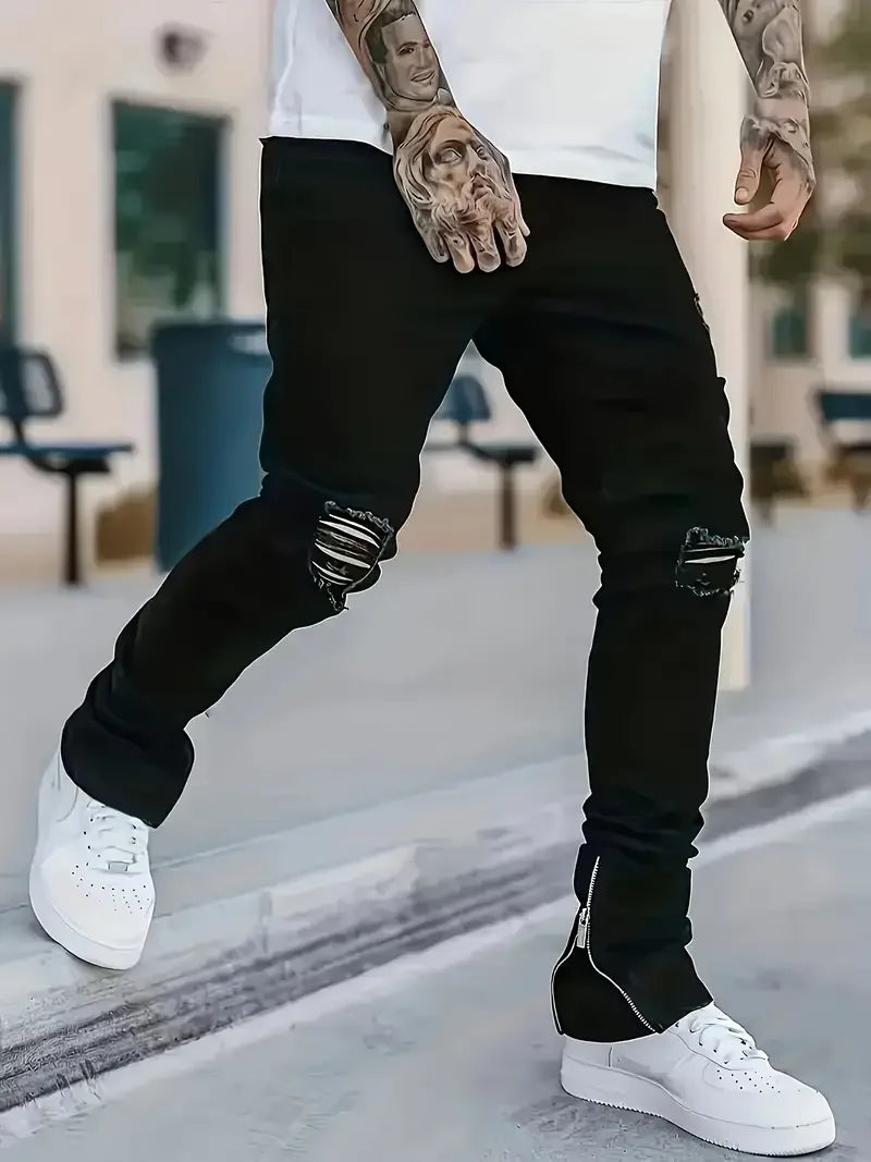 Men's Slim Fit Black Jeans Street Style Cotton Blend Mid-Stretch Ripped Detail All-Season Wear