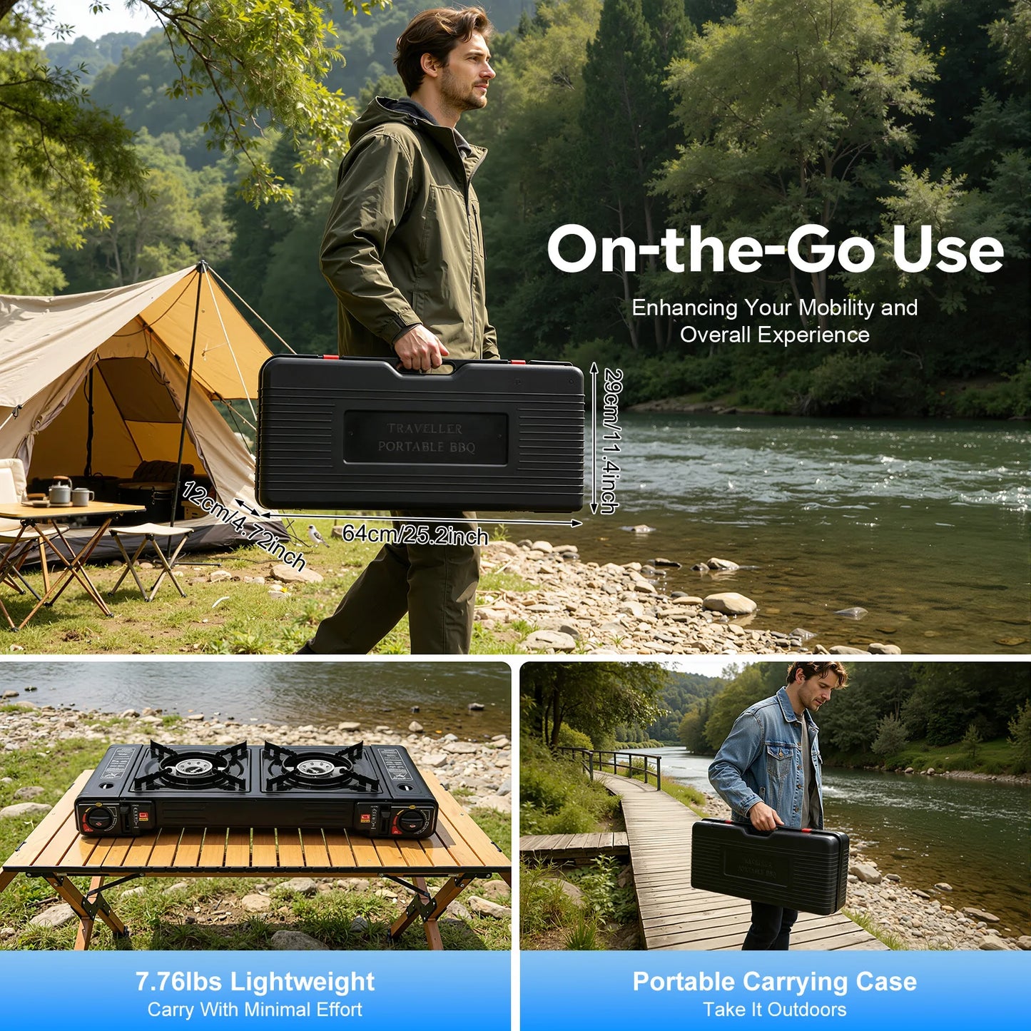 Portable 2-Burner Camping Stove – 2500W Each – Piezoelectric Ignition – Gas Canister + External Source – Carrying Case – for Outdoor Bbq Picnic Rv – Black