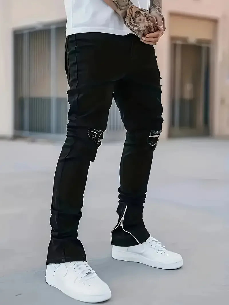 Men's Slim Fit Black Jeans Street Style Cotton Blend Mid-Stretch Ripped Detail All-Season Wear