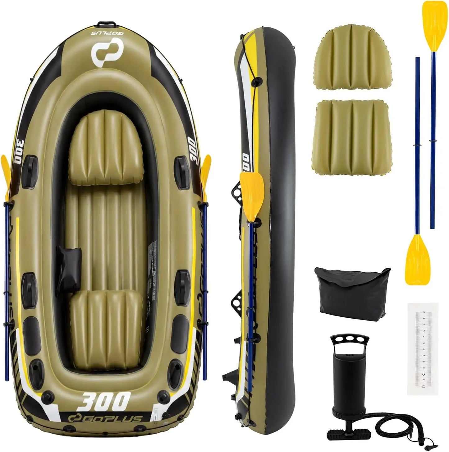 Heavy Duty Inflatable Fishing Raft Boat for 3-4 Persons, Complete Set with Oars, Bolster Seats, Pouch, Rod Holders, Motor Mount Compatible, Ideal for Lake, River, Pond