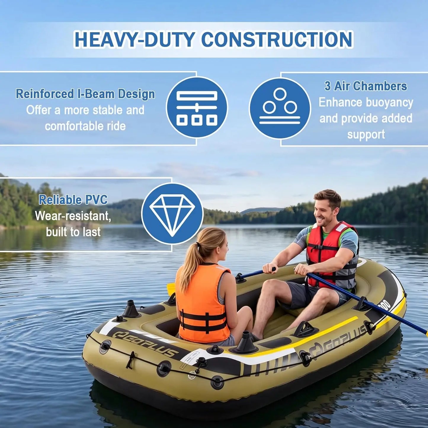 Heavy Duty Inflatable Fishing Raft Boat for 3-4 Persons, Complete Set with Oars, Bolster Seats, Pouch, Rod Holders, Motor Mount Compatible, Ideal for Lake, River, Pond