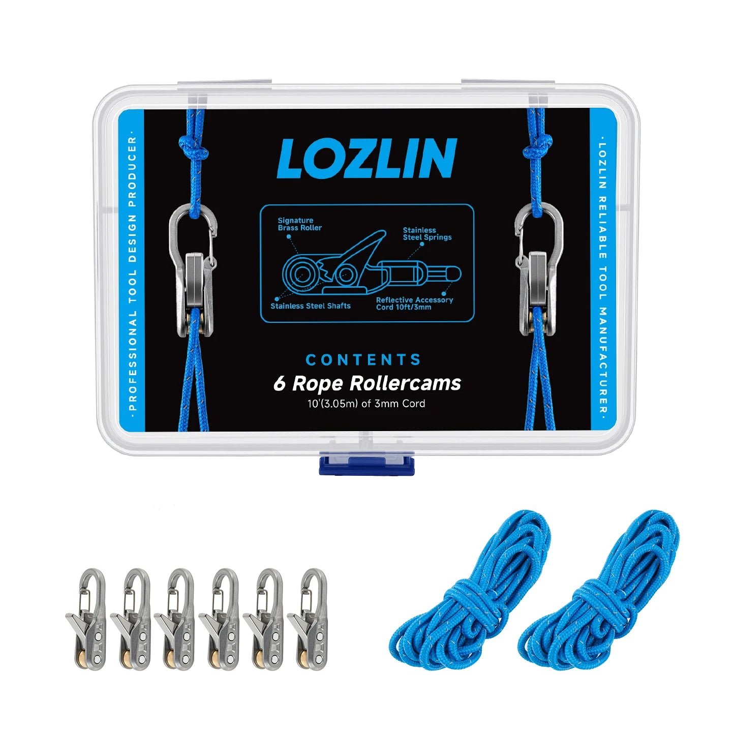 LOZLIN 8-Piece Rope Set with Roller Tensioners, Equipped with Locking Clips for Secure Binding Heavy-Duty Retractable Tie Down Rope for Camping Tarp Boating Hammock