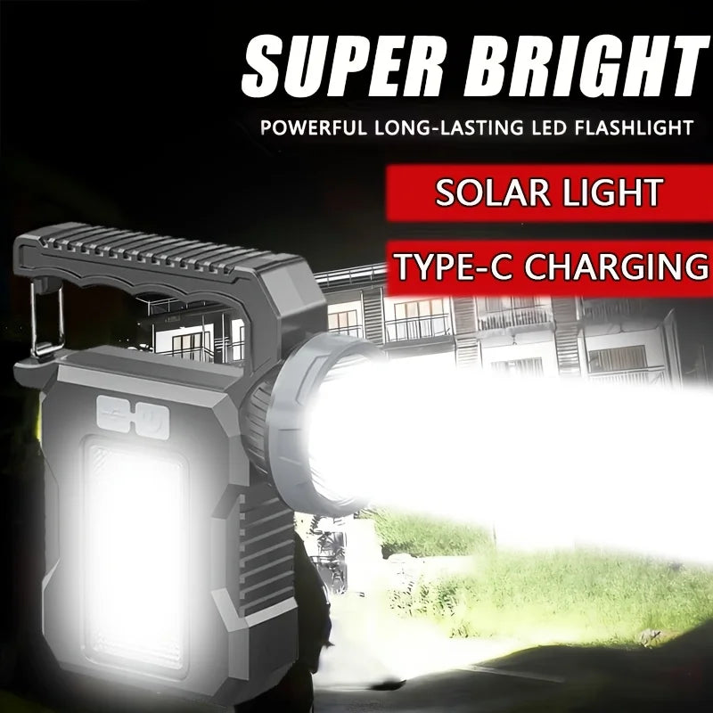 Solar & USB Rechargeable Ultra-Bright LED Flashlight, 4 Lighting Modes Portable Torch for Camping Hiking Emergency Night Fishing, Holiday Gift