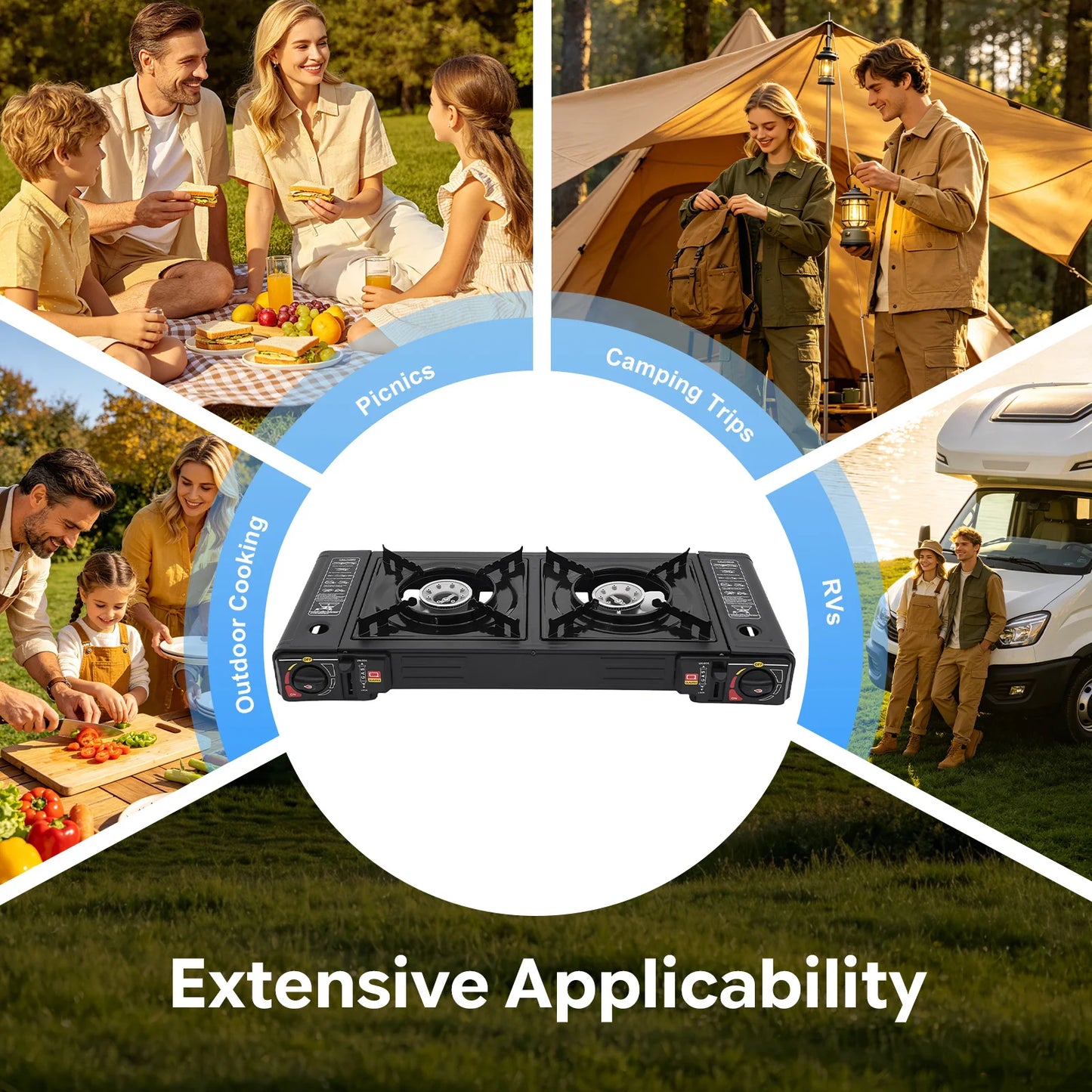 Portable 2-Burner Camping Stove – 2500W Each – Piezoelectric Ignition – Gas Canister + External Source – Carrying Case – for Outdoor Bbq Picnic Rv – Black