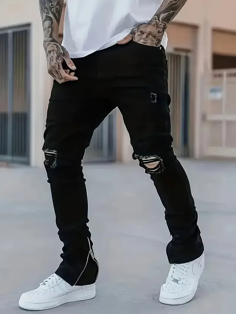 Men's Slim Fit Black Jeans Street Style Cotton Blend Mid-Stretch Ripped Detail All-Season Wear