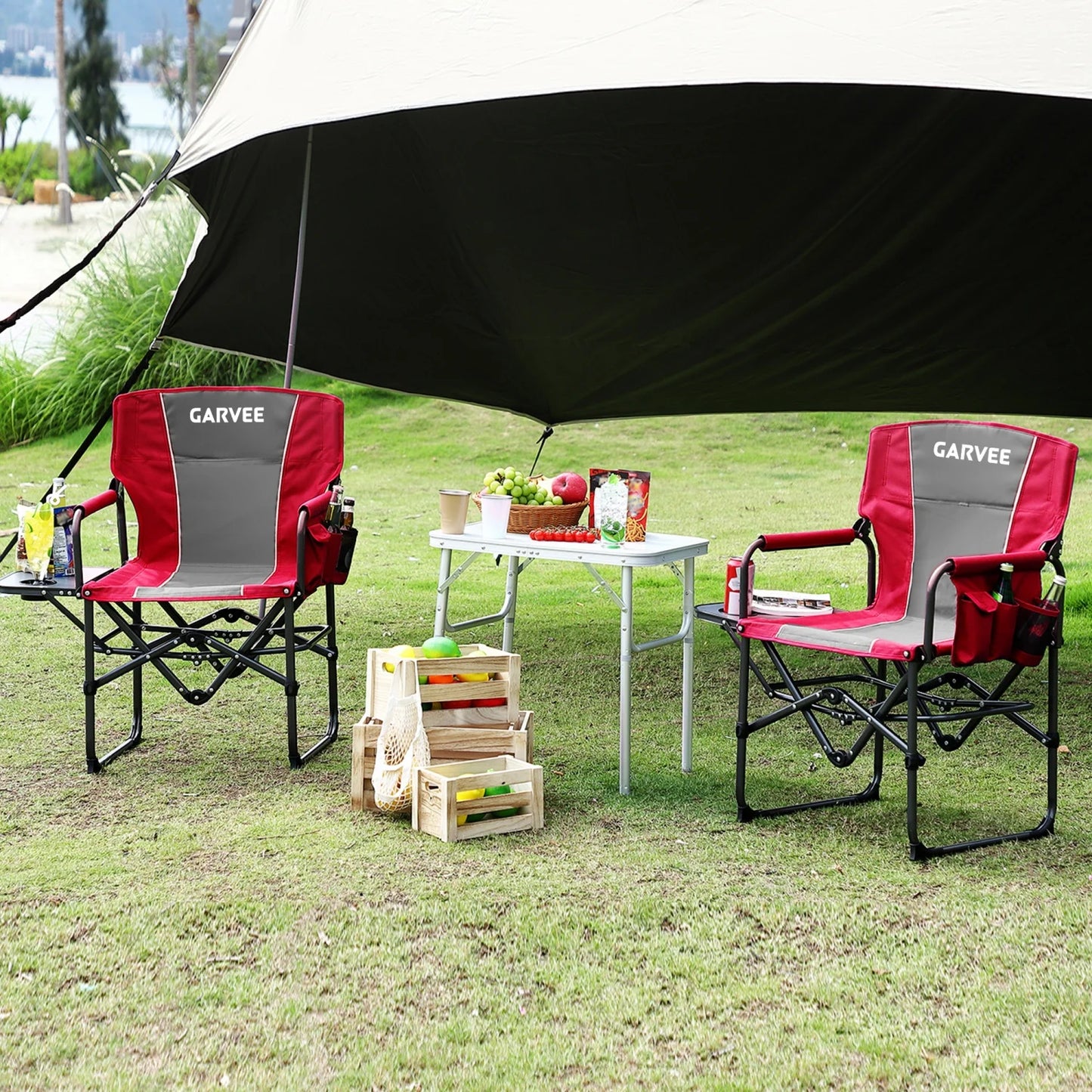 1 Pack / 2 Pack Oversized Heavy Duty Folding Directors Chair for Adults, 400 Lbs Capacity Portable Camping Chair with Side Table, Cup Holder & Side Pocket, Lawn Chairs for Camping, Beach, Garden, RV