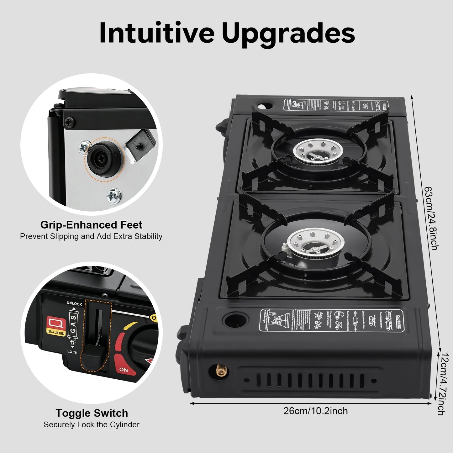 Portable 2-Burner Camping Stove – 2500W Each – Piezoelectric Ignition – Gas Canister + External Source – Carrying Case – for Outdoor Bbq Picnic Rv – Black