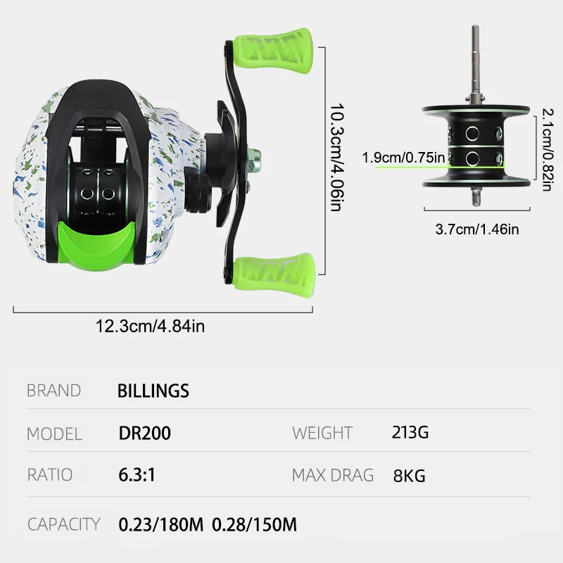 BILLINGS Baitcasting Reel 8KG Max Drag 6.3:1 Gear Ratio Magnetic Brake System  Bait Caster Fishing Reels for Freshwater Saltwater Bass Trout Fishing