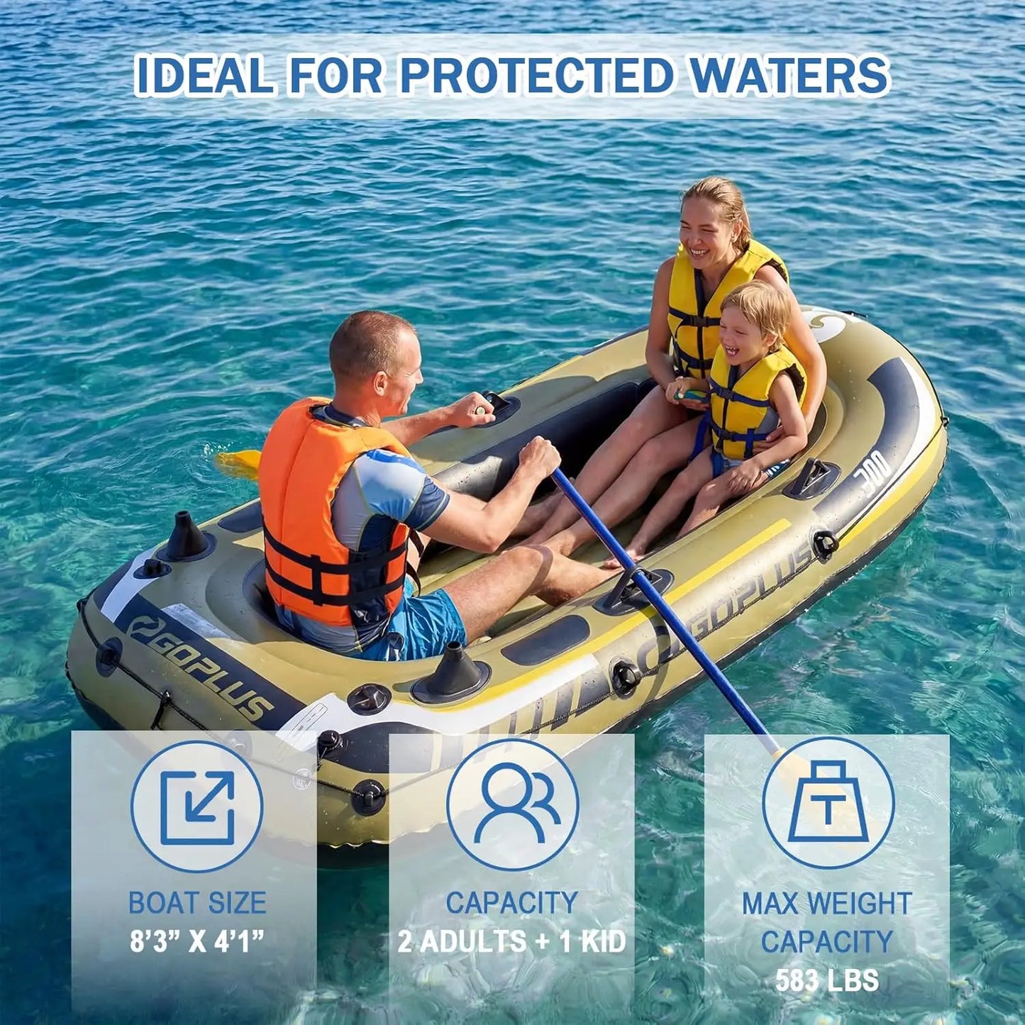 Heavy Duty Inflatable Fishing Raft Boat for 3-4 Persons, Complete Set with Oars, Bolster Seats, Pouch, Rod Holders, Motor Mount Compatible, Ideal for Lake, River, Pond