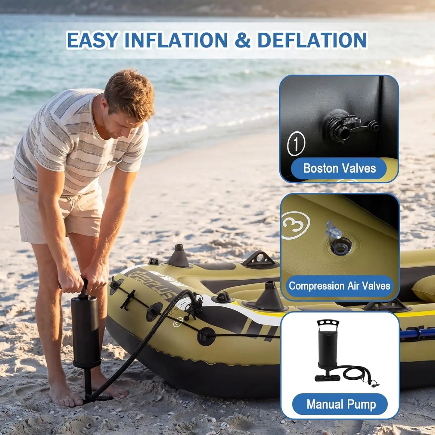 Heavy Duty Inflatable Fishing Raft Boat for 3-4 Persons, Complete Set with Oars, Bolster Seats, Pouch, Rod Holders, Motor Mount Compatible, Ideal for Lake, River, Pond