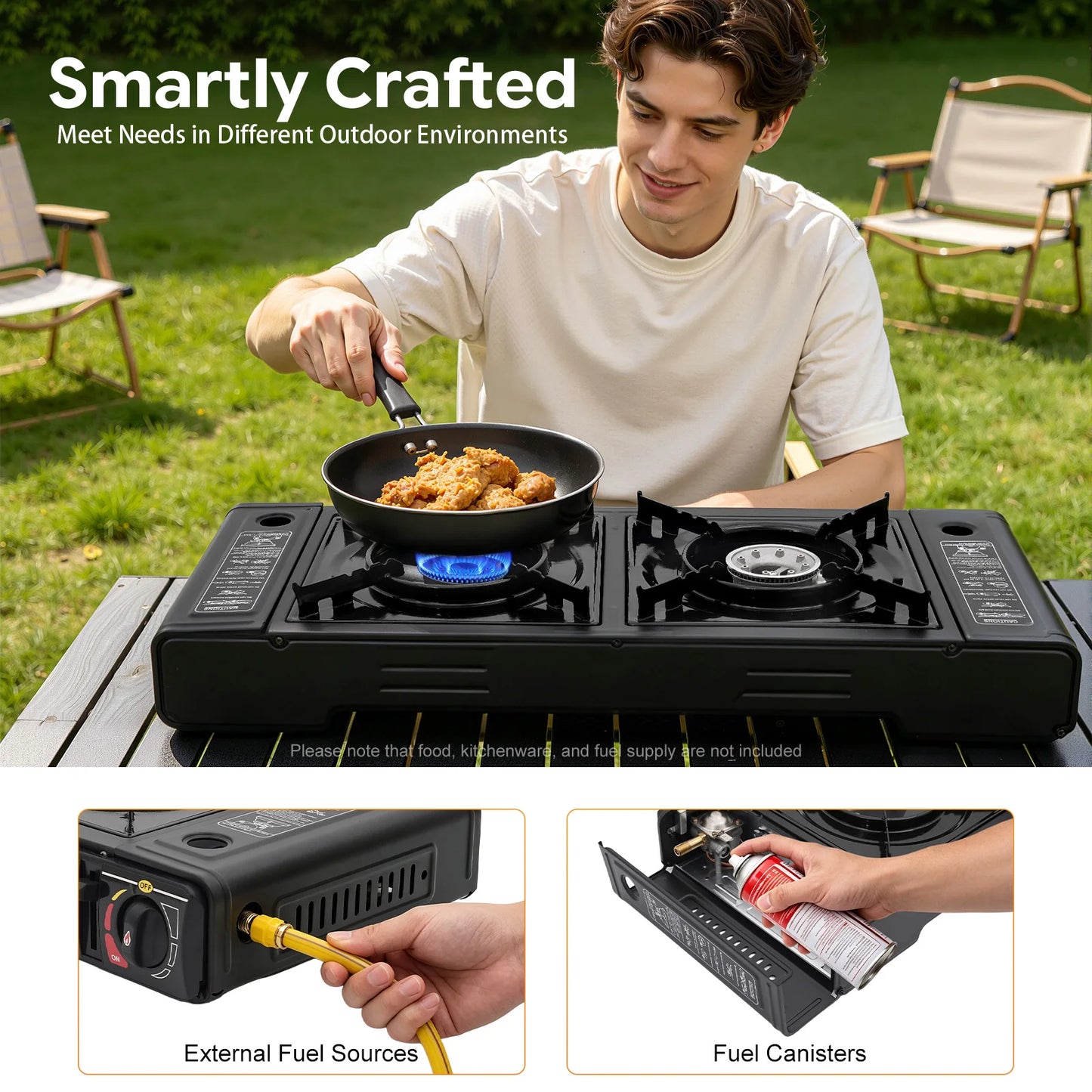Portable 2-Burner Camping Stove – 2500W Each – Piezoelectric Ignition – Gas Canister + External Source – Carrying Case – for Outdoor Bbq Picnic Rv – Black