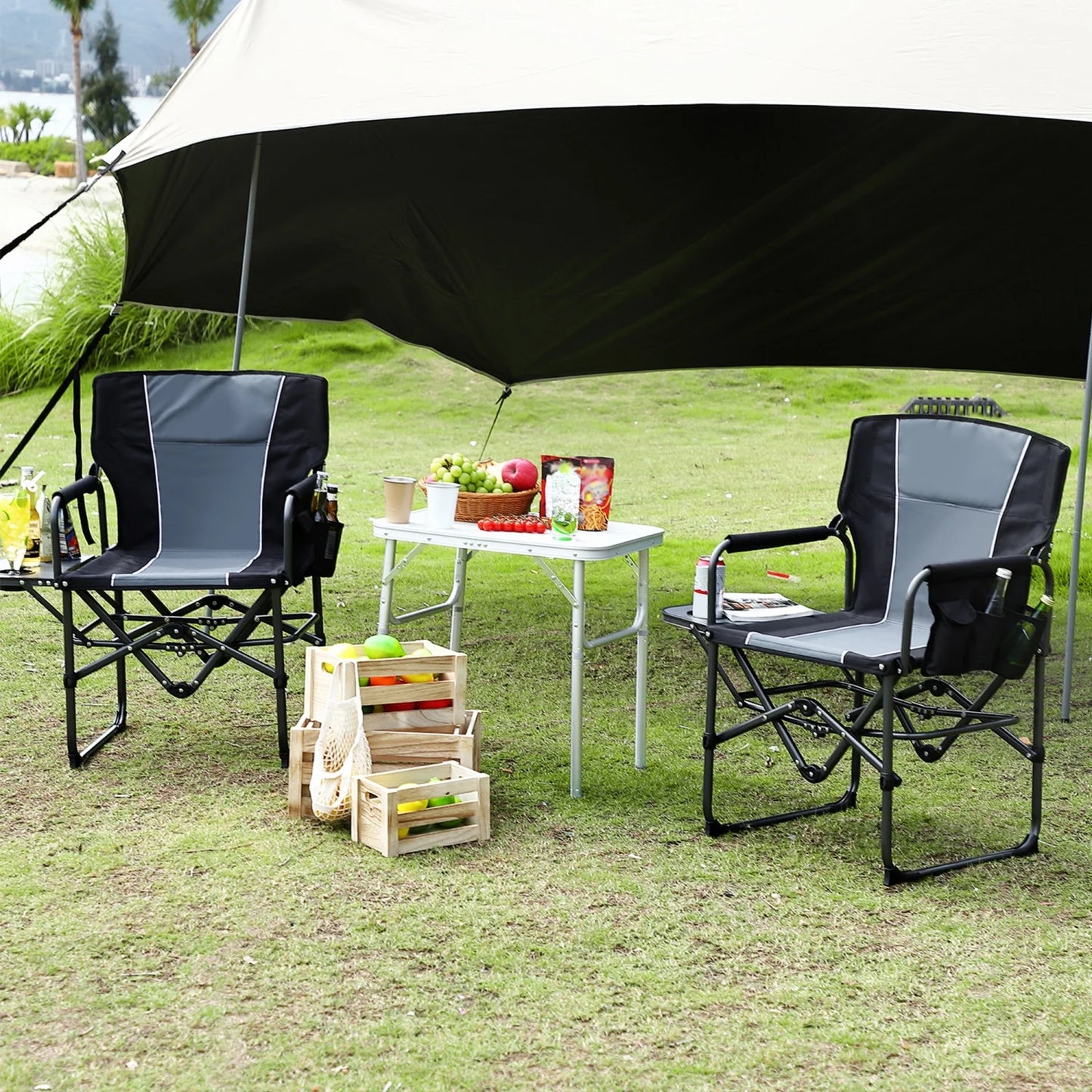 1 Pack / 2 Pack Oversized Heavy Duty Folding Directors Chair for Adults, 400 Lbs Capacity Portable Camping Chair with Side Table, Cup Holder & Side Pocket, Lawn Chairs for Camping, Beach, Garden, RV