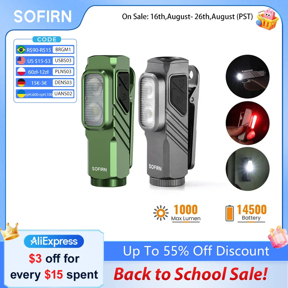 SOFIRN ST10 EDC Flashlight 1000LM USB-C Rechargeable 14500 Battery Waterproof Red Light Magnetic Tail Clip for Camping Hiking