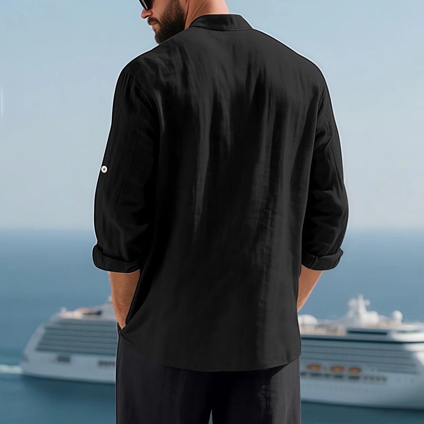 Men White Linen Button Down Long Sleeve Shirt Mandarin Collar Chest Pocket Roll Tab Cuff Loose Oversized Breathable Textured Beach Vacation Casual Holiday Top