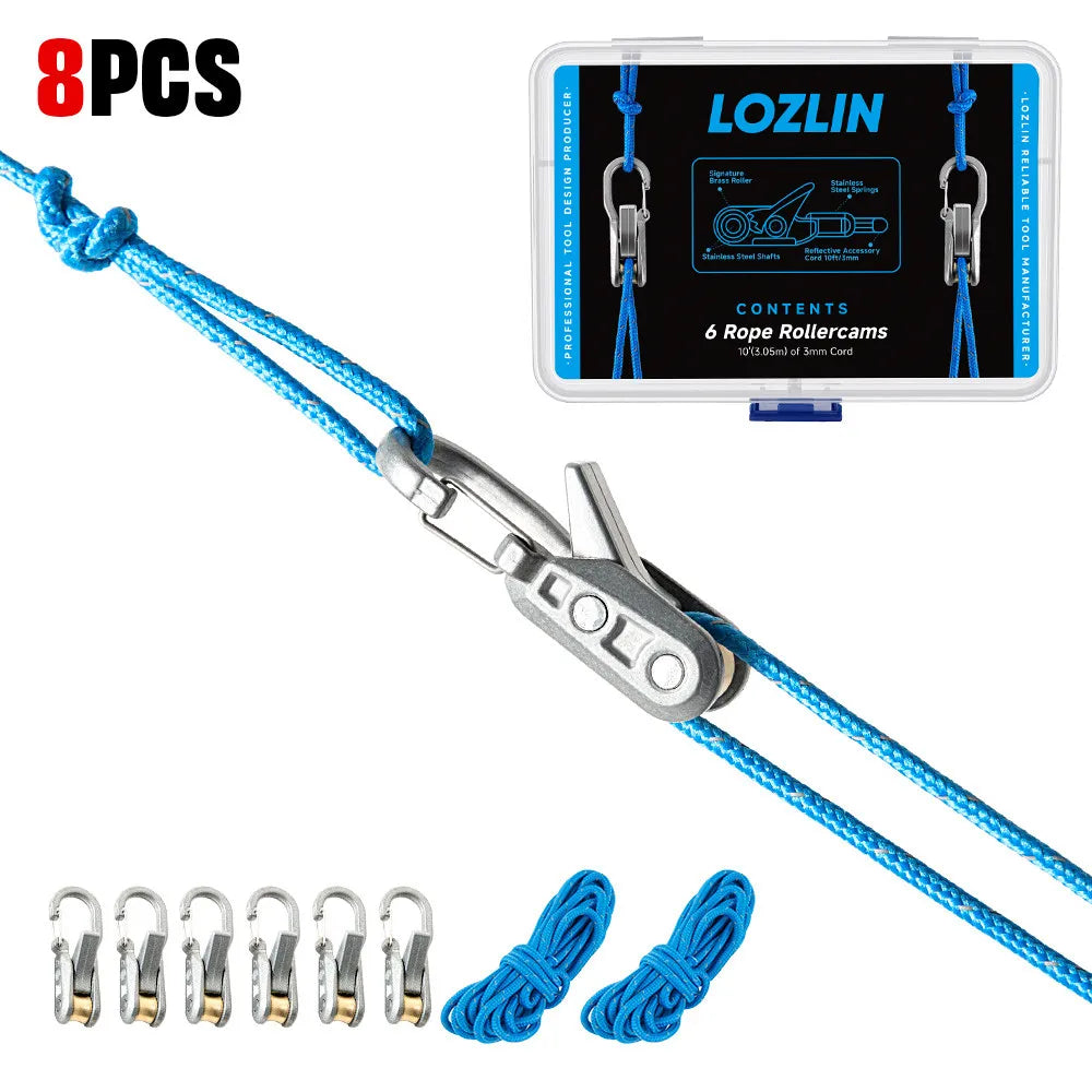 LOZLIN 8-Piece Rope Set with Roller Tensioners, Equipped with Locking Clips for Secure Binding Heavy-Duty Retractable Tie Down Rope for Camping Tarp Boating Hammock
