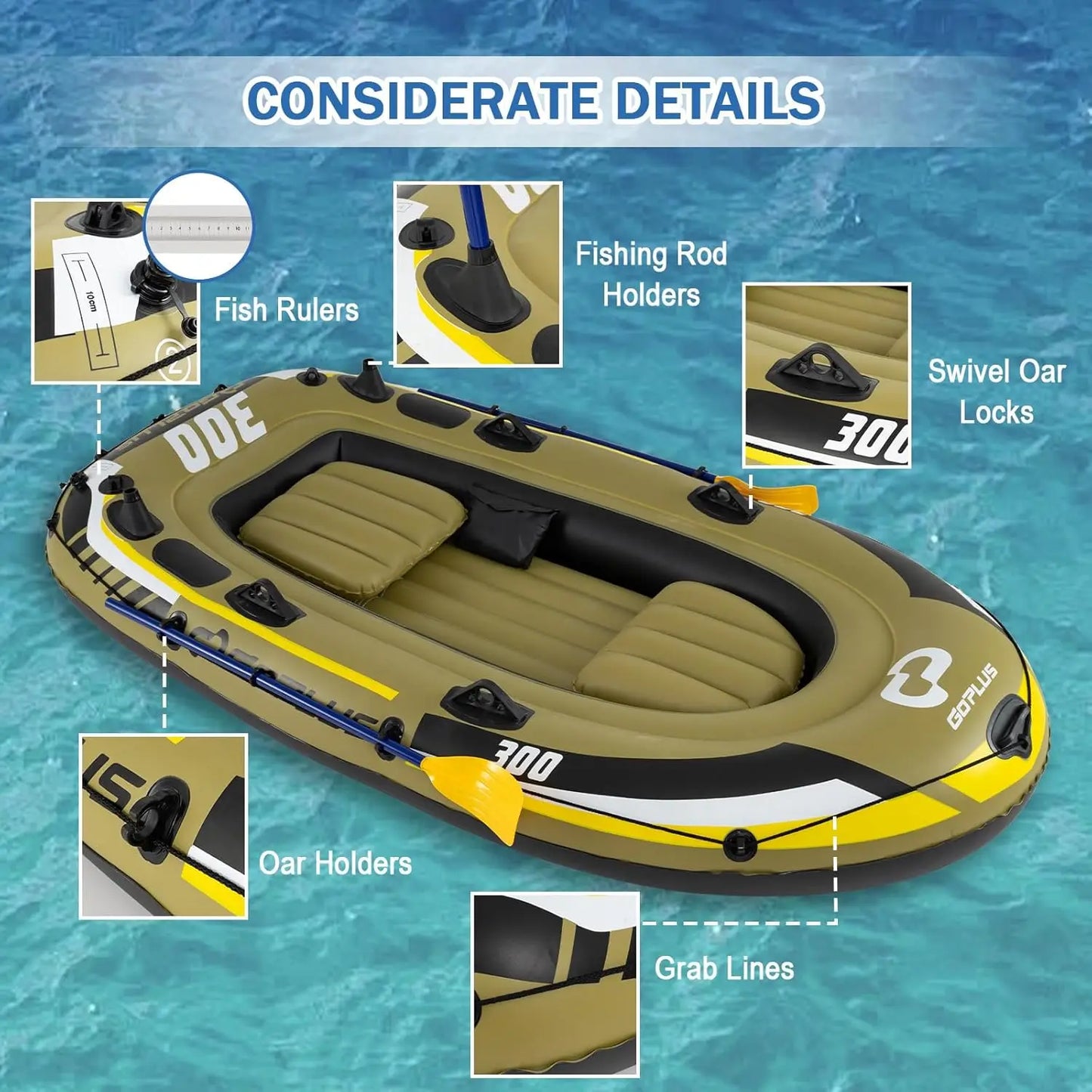 Heavy Duty Inflatable Fishing Raft Boat for 3-4 Persons, Complete Set with Oars, Bolster Seats, Pouch, Rod Holders, Motor Mount Compatible, Ideal for Lake, River, Pond