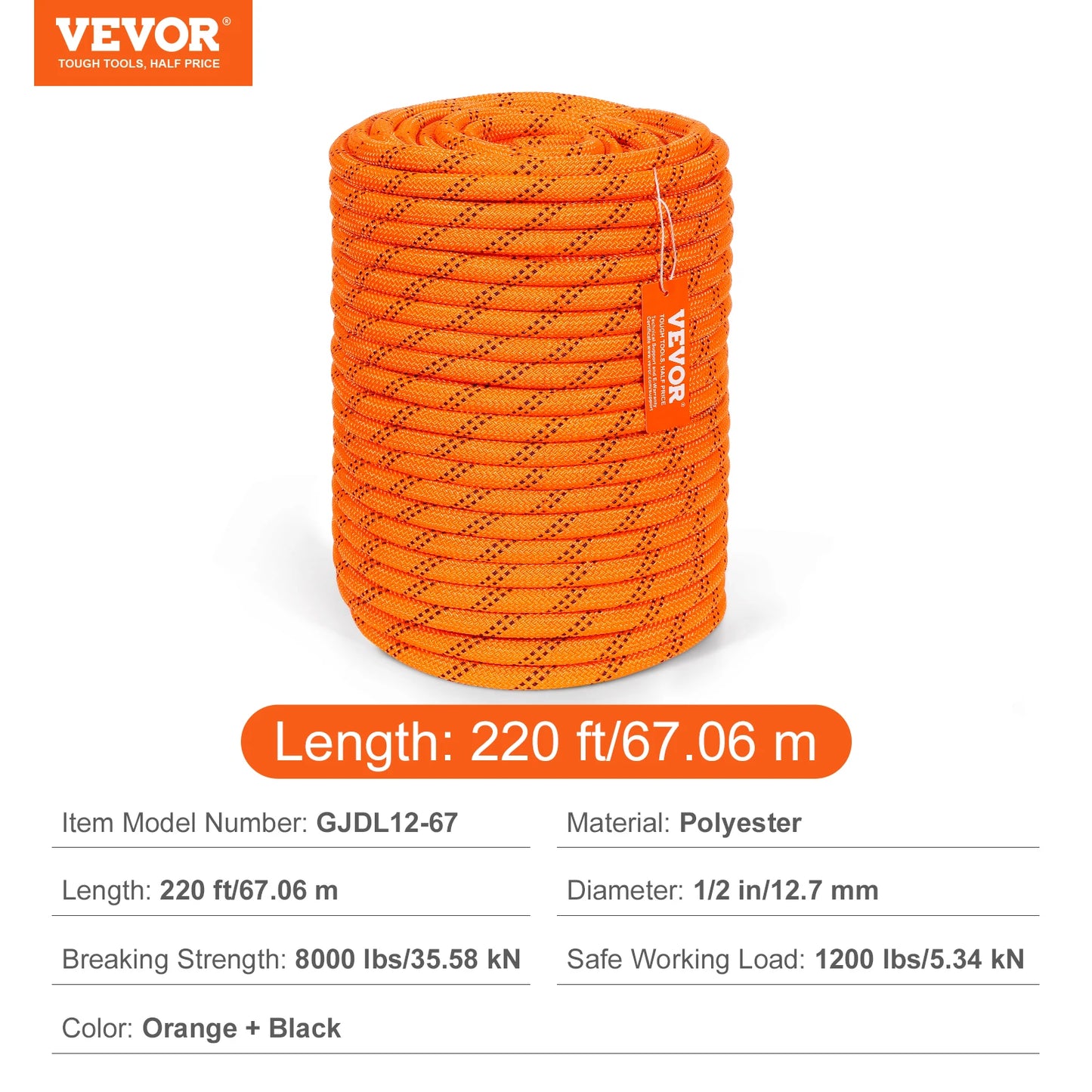 SucceBuy 220ft Dual-Weave Polyester Rope 48-Strand Outdoor Accessories Emergency Cord for Camping Swinging Rappelling Rescue
