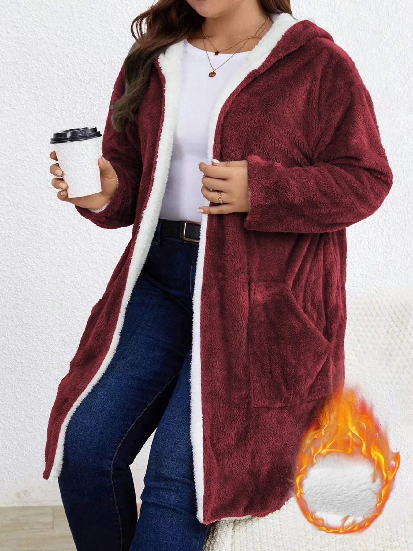 Women Fuzzy Fleece Lined Hooded Long Open Cardigan Warm Sherpa Trim Mid Length Coat With Side Pockets Loose Winter Outerwear