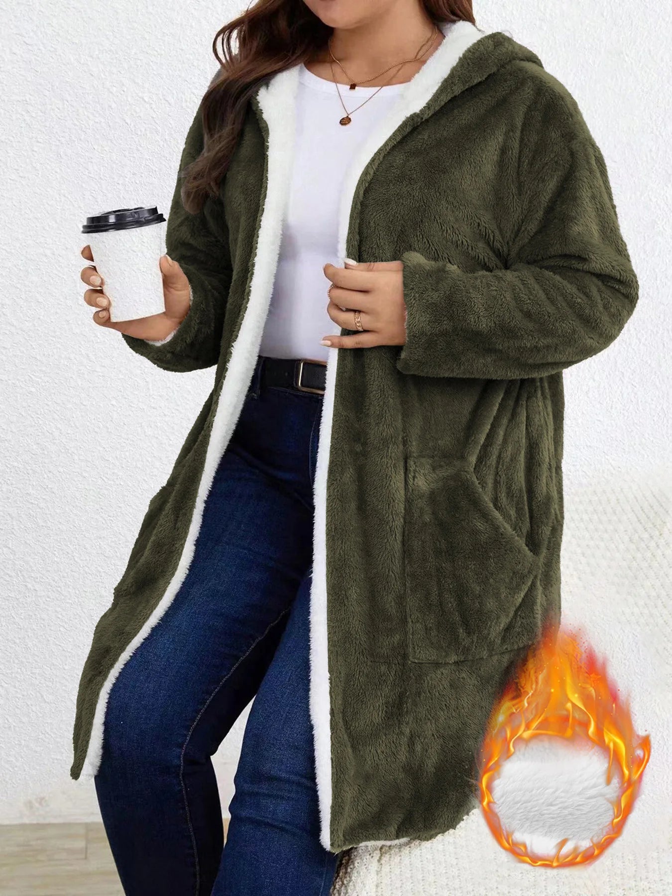 Women Fuzzy Fleece Lined Hooded Long Open Cardigan Warm Sherpa Trim Mid Length Coat With Side Pockets Loose Winter Outerwear