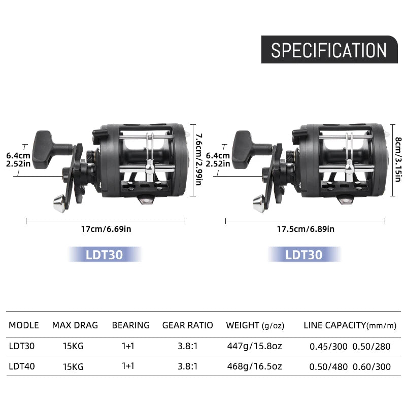 BILLINGS Trolling Drum Fishing Reels 33LB Max Drag 3.8:1 Gear Ratio High Toughness Body Freshwater & Saltwater Universal Bait Caster Fishing Reel