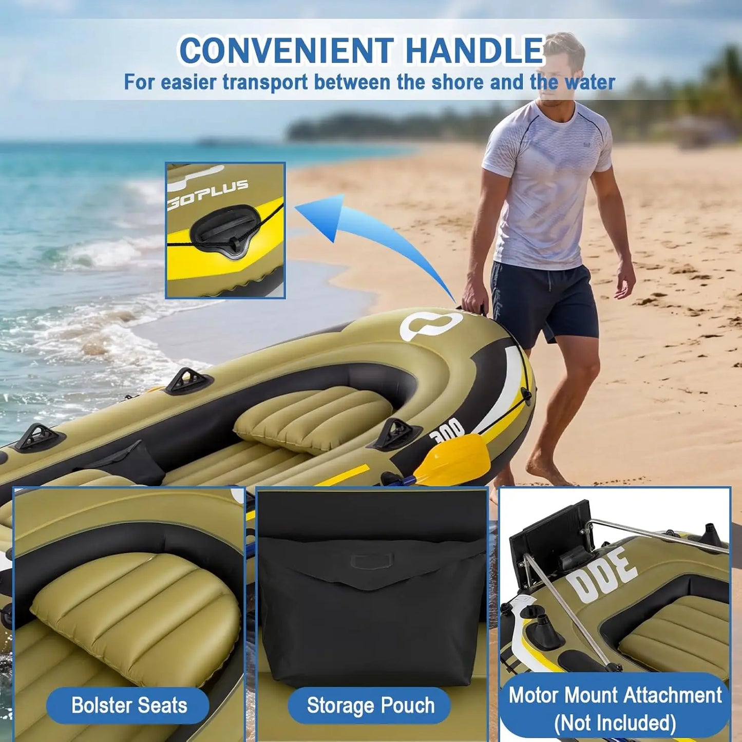 Heavy Duty Inflatable Fishing Raft Boat for 3-4 Persons, Complete Set with Oars, Bolster Seats, Pouch, Rod Holders, Motor Mount Compatible, Ideal for Lake, River, Pond