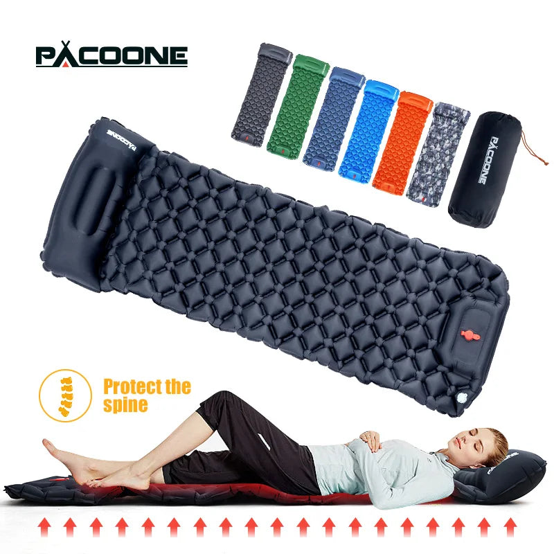 PACOONE Outdoor Sleeping Pad Camping Inflatable Mattress Built-in Pump Ultralight Air Cushion Travel Mat With Headrest For Trave